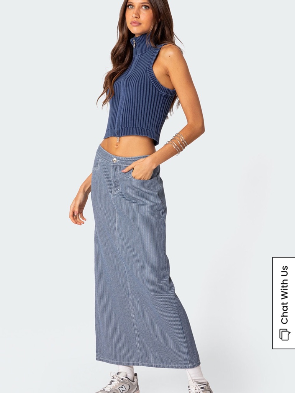 Edikted Blue Ribbed Crop Top and Denim Maxi Skirt